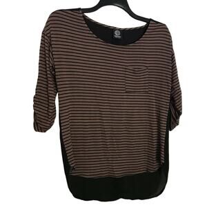 Bobeau Black/Brown Striped Top With Sheer Back - Size Small - Roll Tab Sleeves